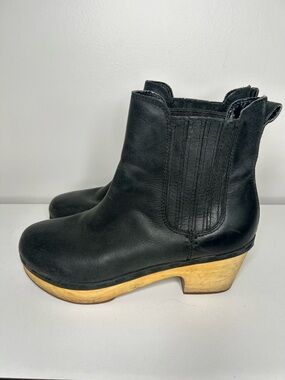 Frye Black Leather Clog Booties with Natural Wood Heel